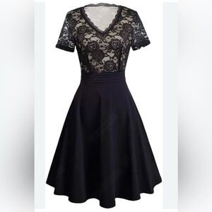 HOMEYEE New Elegant Black Lace Floral Mini Dress